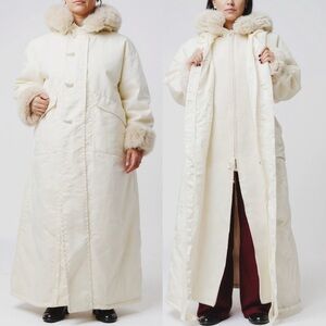 Vintage Linda Lundstrom White Winter Parka Wool Faux Fur S/M
